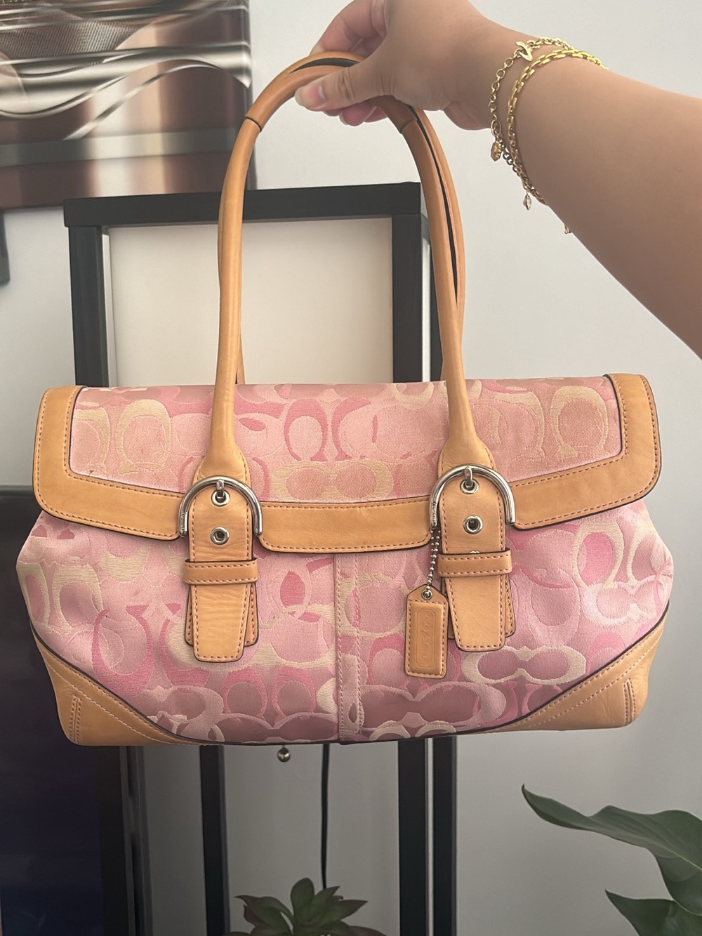 Coach Pink Signature Satchel with Tan Leather Trim